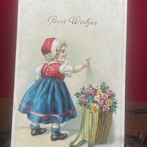 GT40G, Raro, Antigo. Saudações, cartão postal, muitas felicidades. Menina fofa, bolsa cheia de flores