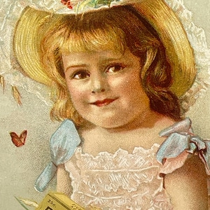 5X9, Victorian Trade Card 1800s, Cute Little Girl, Pink Dress, Big Hat, Hires ROOT BEER, The Secret Of Good Health
