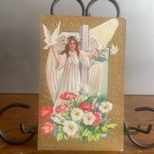 EA61G, Antica leggermente goffrata, Cartolina di Pasqua, Buona Pasqua, Bellissimo angelo, Croce d'oro, Fiori bianchi, Oro dorato
