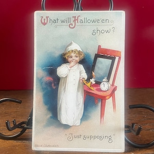 HA1G, rara, antica, cartolina di Halloween, cosa mostrerà Halloween, solo supponendo, bambina carina. Firmato E Clapsaddle, Germania