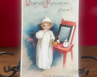 HA1G, Rare, Antique, Halloween Postcard, What Will Halloween Show, Just Supposing, Cute Little Girl. Signed E Clapsaddle, Germany