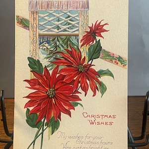 CH21G, Antiguo, Postal de Navidad, Querubín, Deseos navideños, Poinsettias rojas, Vista de ventana nevada, EE. UU.