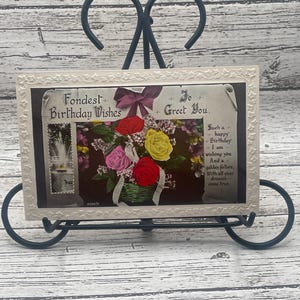 BD59G, Antiquität, Geprägte Borte, Geburtstag, Postkarte, die schönsten Geburtstagsgrüße, Geburtstags-Vers, bunte Blumen, handkoloriert