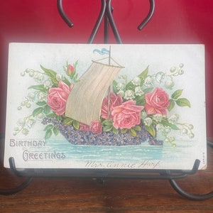 BB5G, Vintage, Geburtstag, Postkarte, Geburtstagsgrüße, Purple Flower Segelboot. Rosa weiße Blumen, Schnäppchen Bin