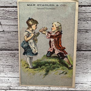 3X4, Victorian Trade Card 1800s, Boy Giving Bird Nest To Girl, Max Stadler Co, Leading Clothier