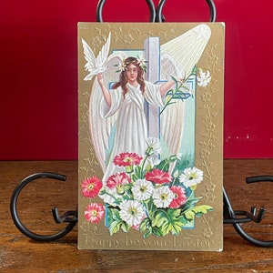 EA61G, Antica, Cartolina di Pasqua, Angelo in bianco con colomba, Croce di Pasqua, In rilievo, Meravigliosa cartolina d'epoca