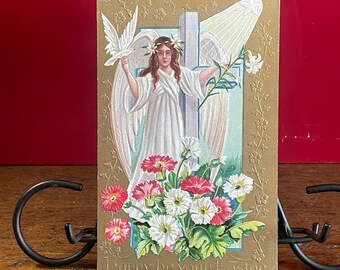 EA61G, Antique, Easter Postcard, Angel In White With Dove, Easter Cross, Embossed, Wonderful Vintage Post Card