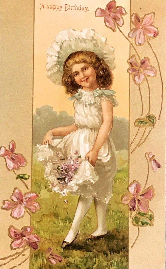 Antique 1900s Embossed Birthday Postcard Little Girl In White | Etsy