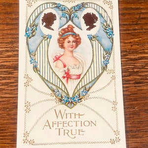 VA3, antique, légèrement gaufré, carte postale de Saint-Valentin, avec affection vraie, belle dame, coeur décoratif, silhouettes féminines