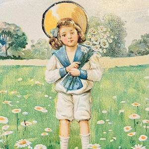 BD10, Antik Leicht geprägt, Geburtstagspostkarte, Geburtstagsgrüße, Niedliche kleine Junge mit Blumen, Deutschland