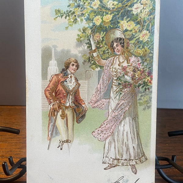 RO9G, Antique, Romance Postcard, Lovely Girl Holding Bouquet, Handsome Gentleman, Gold Gilt