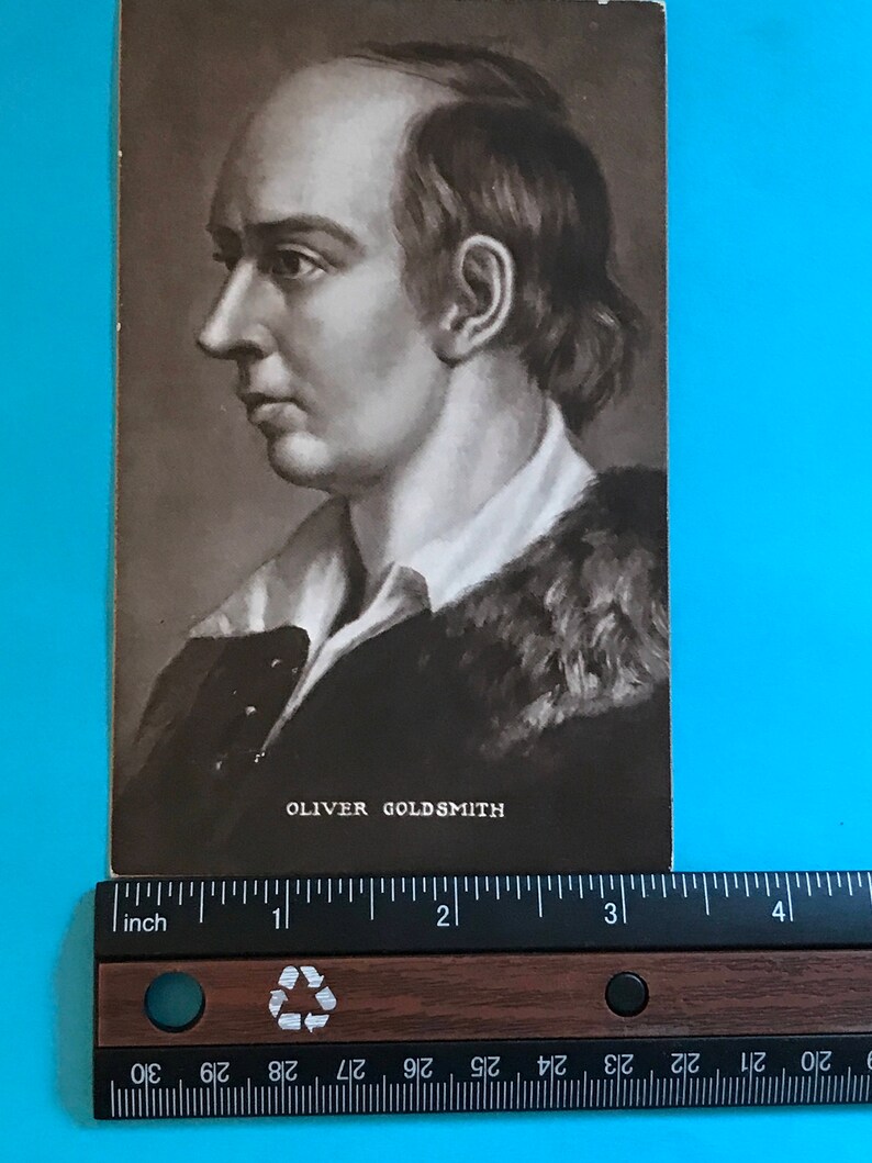 May include: A black and white portrait of Oliver Goldsmith, a famous Irish writer and poet. The image is a vintage postcard.