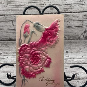 BD65G, Antiguo, Bajorrelieve, Cumpleaños, Postal, Saludos de cumpleaños, Hermosas flores blancas y rosas y hojas verdes, 1911, Alemania