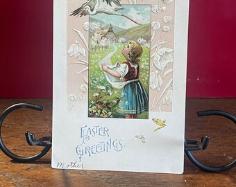 Antique Embossed Easter Postcard: Girl and Flying Stork, 1900s, EA45G