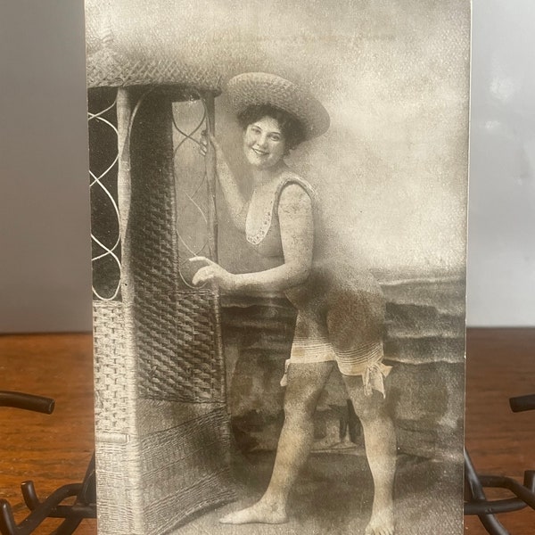 PO9G, Antiguo, Retrato, Postal, Pequeña, Señorita en la playa, Douglas Post Card Co