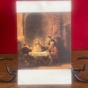 CH41G, carte postale vintage beaux-arts, peinture d'art, Pèlerins à Emmaüs ou La Cène à Emmaüs. de Rembrandt, dos divisé