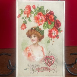 VA12G, Antique Lightly Embossed Valentines Day Postcard, To My Valentine, Beautiful Girl, Lovely Flowers, John Winch, Germany