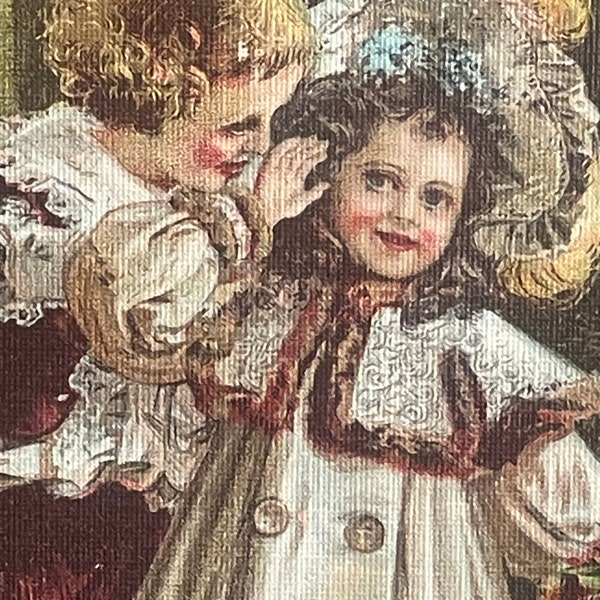 CH31G, Rare, Antique, Christmas Postcard, Under The Mistletoe, Cute Little Victorian Girl and Boy, Rotograph Co