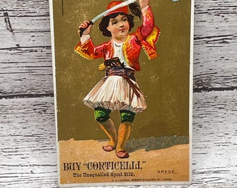 VTC013, Victorian Trade Card 1800s, Young Lady Dancer with Sword, Colorful Costume, Victorian Collectible