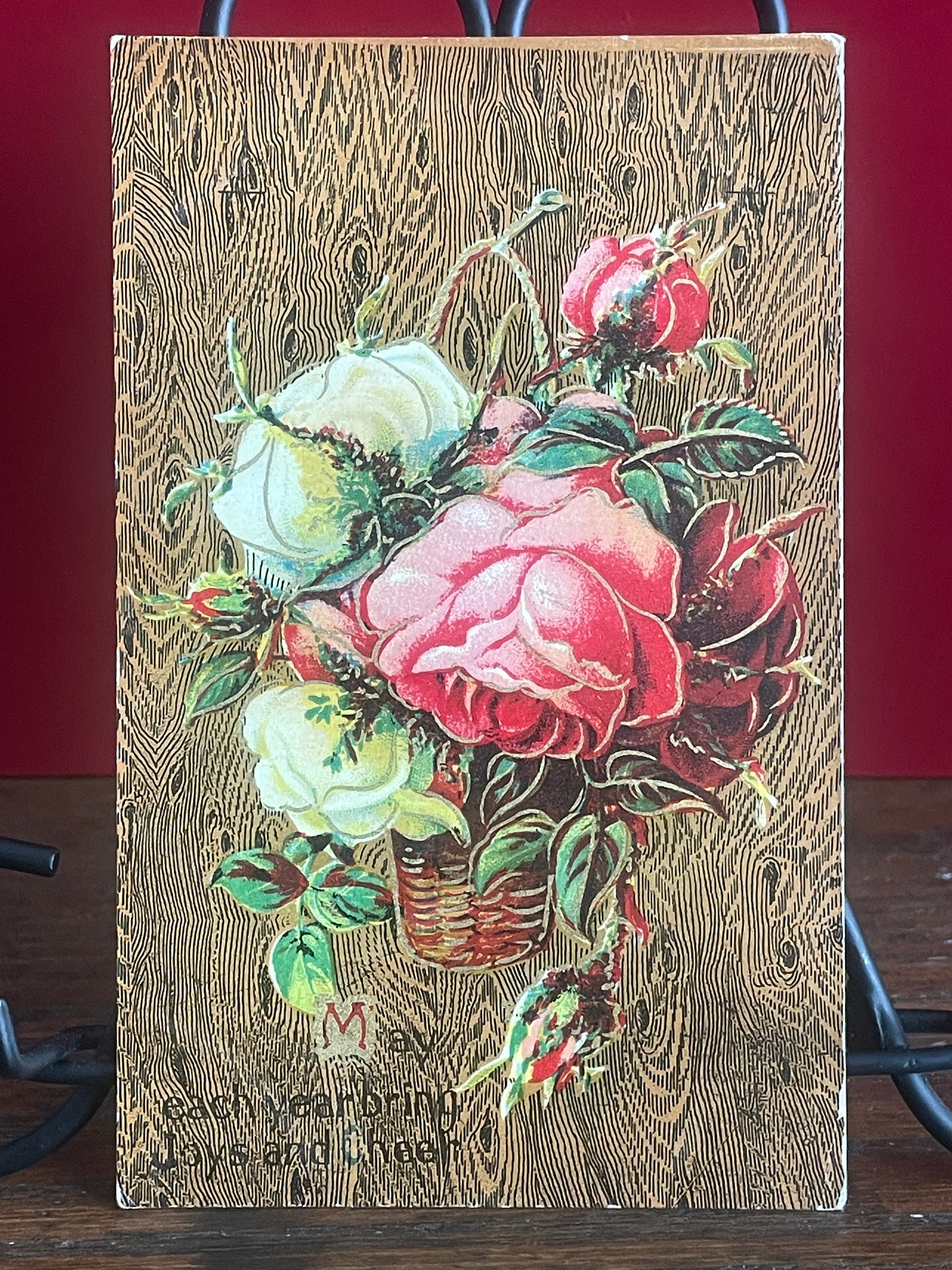 Antique Floral Greetings Postcard: Red White Flowers, 1911, GT59G