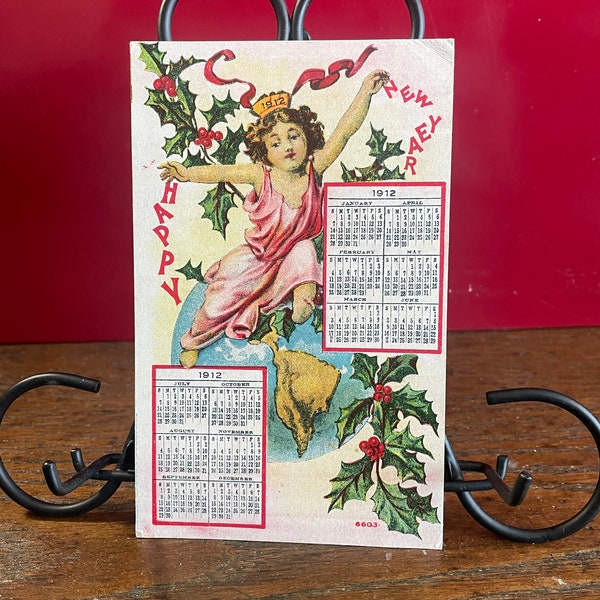 NY16G, Rare Antique, 1912, New Years Postcard, Happy New Year, Cute Little Girl, Calendar Pages, Red Green Holly