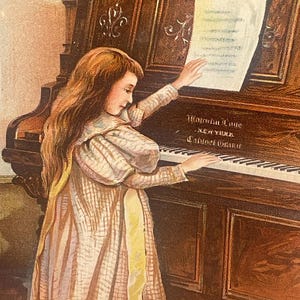 5X9, Victorian Trade Card 1800s, Cute Little Girl, Playing Piano, Malcolm Love Pianos, G H Dunston Lith, NY
