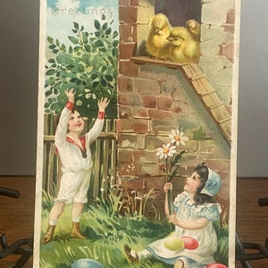 EA38G, Antico, Leggermente in rilievo, Raphael Tuck, Pasqua, Cartolina, Auguri di Pasqua, Due bambini carini, Tre pulcini gialli, Germania
