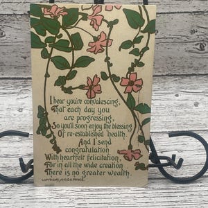 GT47G, antiquité, salutations, carte postale, verset de convalescence, fleurs roses, feuilles vertes, pub G K Prince