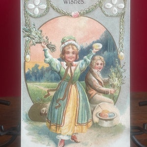 EA39G, selten, leicht geprägt, antik, Osterpostkarte, Beste Osterwünsche, süßes Mädchen, hübscher Junge, schöne Blumen, Art Pub Co, Deutschland