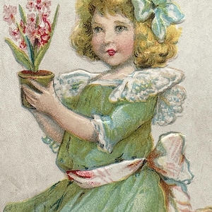 VA1G, carte postale ancienne, légèrement en relief, Saint-Valentin, à ma chérie, jolie petite fille, robe verte, fleurs en pot
