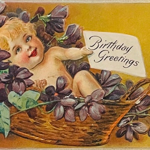 BD2, Seltene Antik, Geprägt, Geburtstagspostkarte, Geburtstagsgrüße, Babykorb lila Blumen,