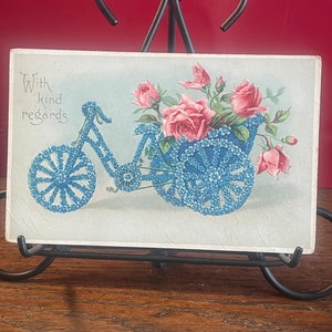 GT57G, antigo, cartão postal de saudações, com os melhores cumprimentos, triciclo florido de três rodas, flores rosa, Alemanha