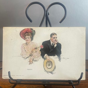 RO11G, Antik, Romantische Postkarte, TEASING, Lady flirtet mit Gentleman mit Rose, Moffat, Yard und Co, Künstler signiert