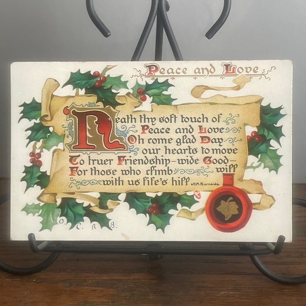 CH84G, Rare Antique. Tuck, Christmas Motto, Postcard, Peace And Love, Red Green Holly, Bavaria