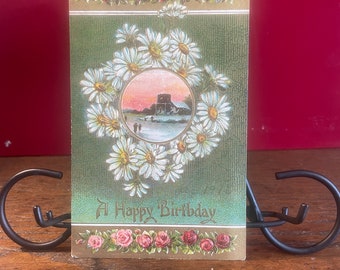 BD47G, zeldzaam antiek, reliëf, verjaardagskaart, A Happy Birthday, Homestead View, roze witte bloemen, Duitsland