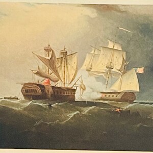 Carte postale antique des beaux-arts, Peinture d’art, Engagement entre les États-Unis et le Macédonien, Par l’artiste Thomas Birch, AG1