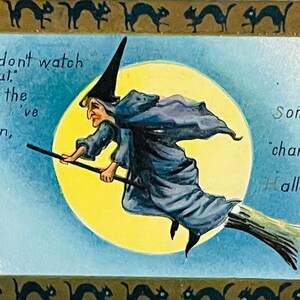 HA4G, selten, antik, leicht geprägt, Halloween-Postkarte, Halloween-Vers, beängstigende Hexe auf Besen, gelber Mond, schwarze Katzengrenze