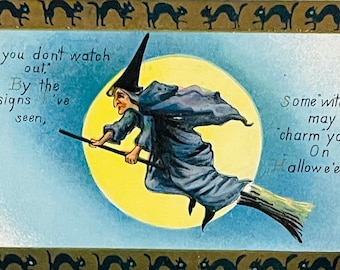 HA4G, Rare, Antique, Lightly Embossed, Halloween Postcard, Halloween Verse, Scary Witch On Broom, Yellow Moon, Black Cat Border