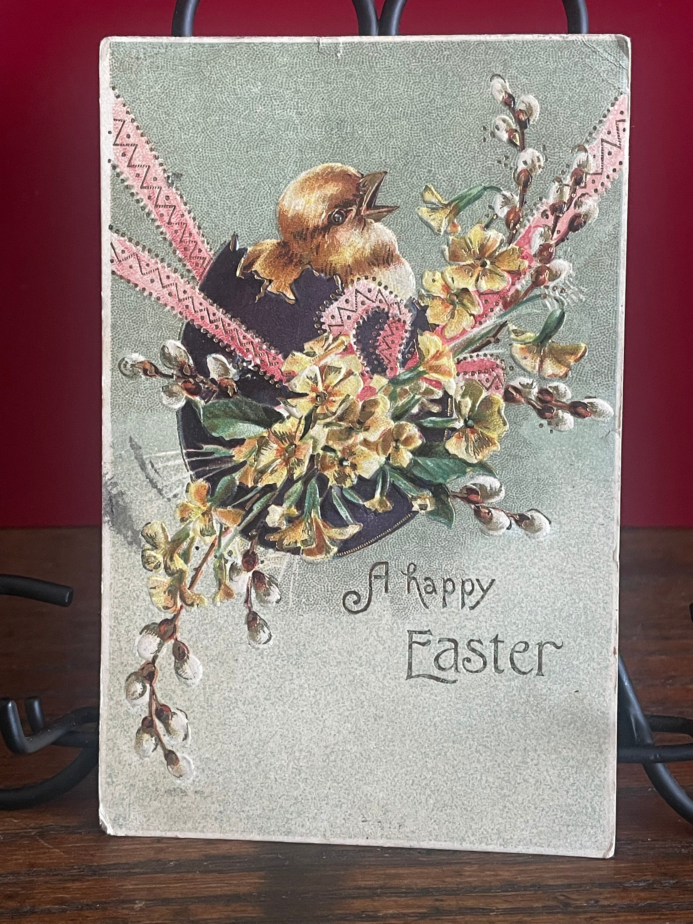 アンティークエンボス加工イースターポストカード：黄色いひよこと花