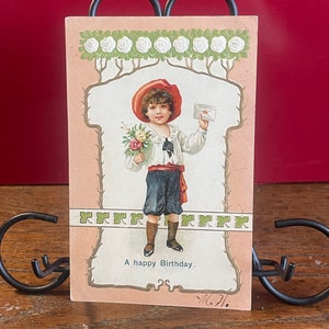 BD39G, Antik, Geburtstag, Postkarte, Alles Gute zum Geburtstag, süßer kleiner Junge, Blumenstrauß