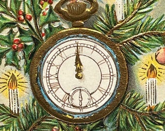 Postal de Año Nuevo antigua con relieve, El Reloj de Medianoche, década de 1920, NY7G