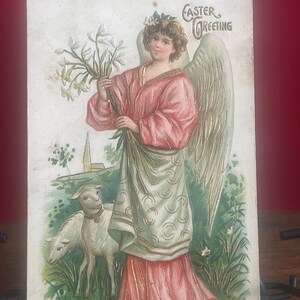 EA24G, antico, leggermente goffrato, Pasqua, cartolina, auguri di Pasqua, angelo in rosa, due agnelli, fiori bianchi, A S B, Germania