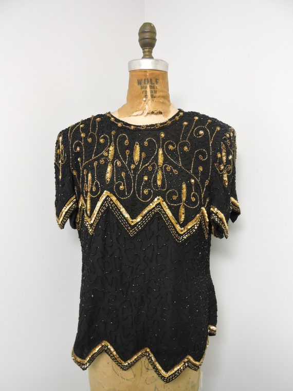 Lauren Kazar Vintage Black and Gold Beaded with S… - image 8