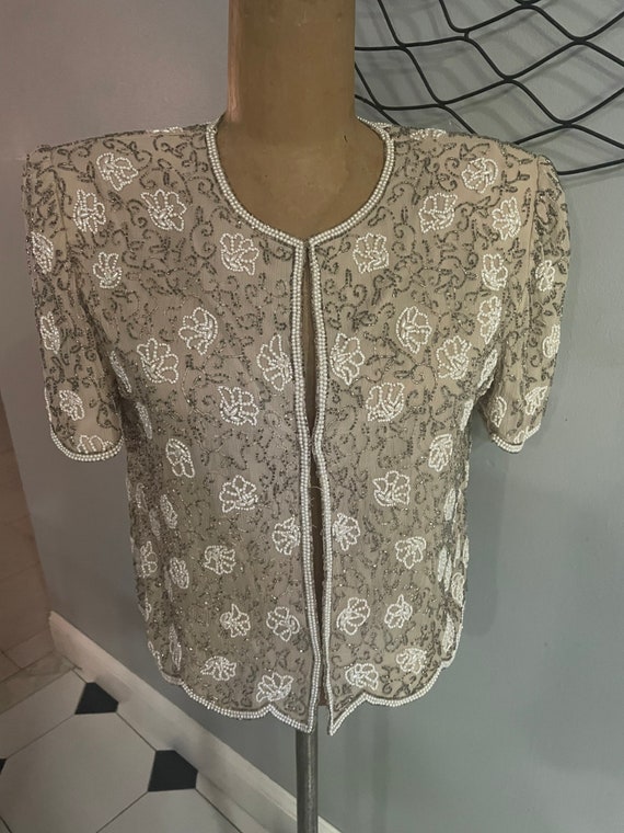 Vintage Stenay 100% Silk Beaded cream  Blouse Or … - image 6