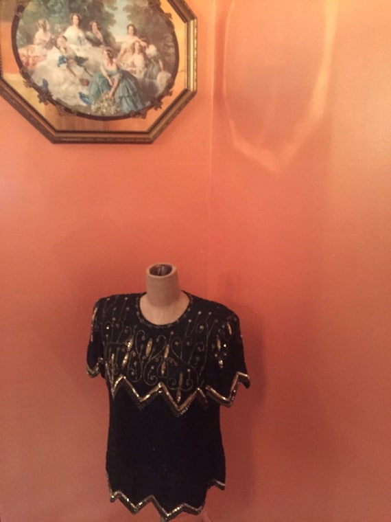 Lauren Kazar Vintage Black and Gold Beaded with S… - image 2