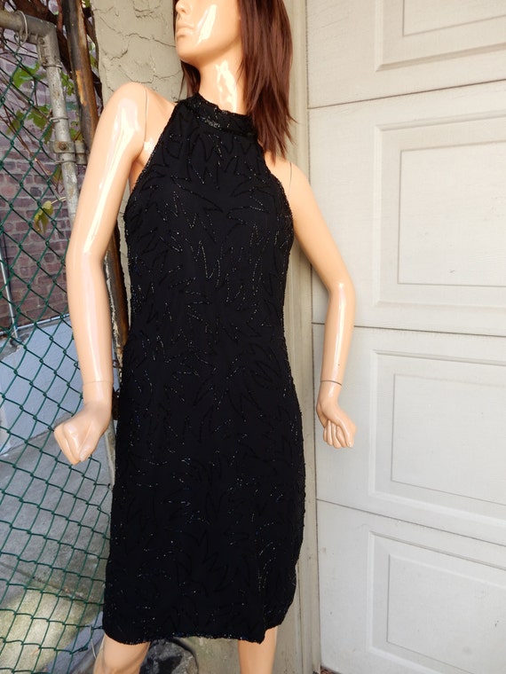 JMD Beaded Black Dress Size Large Halter Neck - image 1