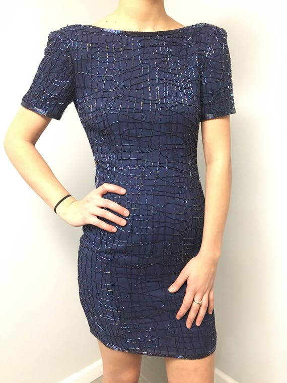 Royal Blue Beaded Dress 1980's Size small - image 5