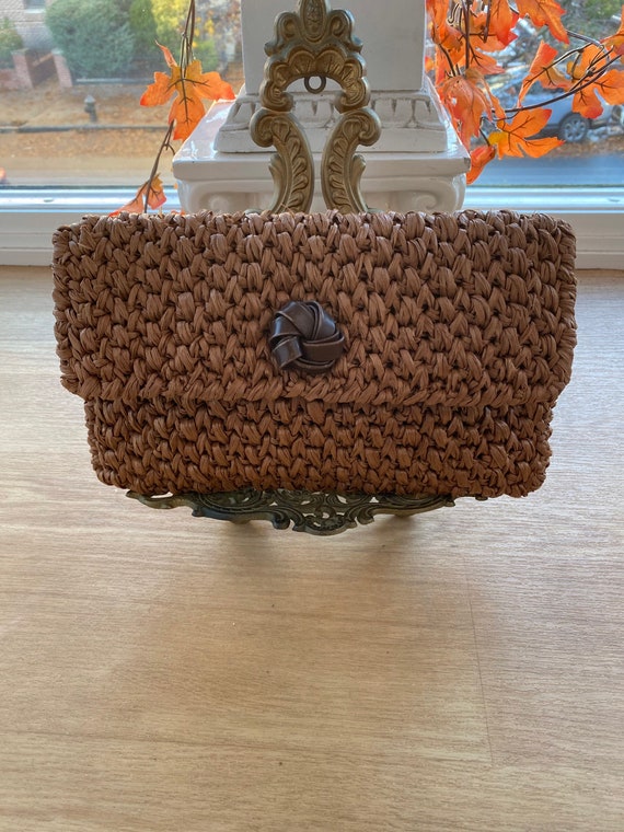 Tan/Light Brown straw clutch with leather rose tri