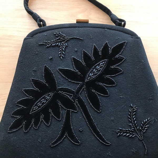 Vintage 1950s black wool  with bead shape as leaves  top handle purse handbag  Madmen look by Soure' Bags New York