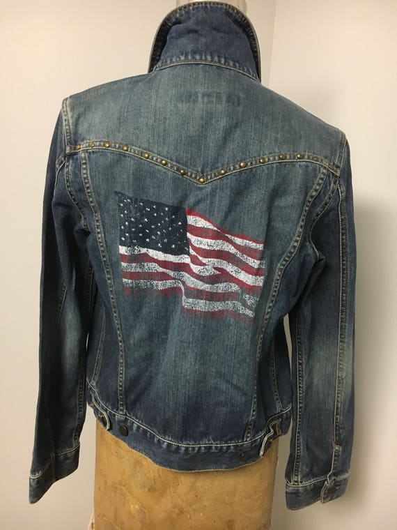 jean jacket with american flag on the back